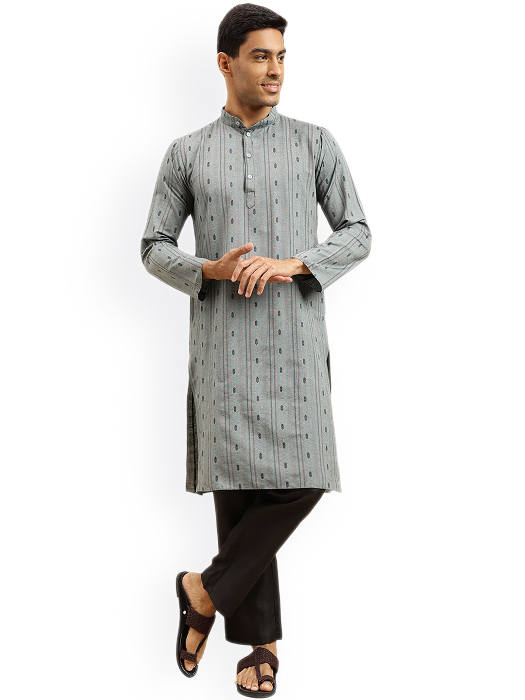 

Nimayaa Mandarin Collar Ethnic Motifs Woven Design Cotton Kurta, Grey