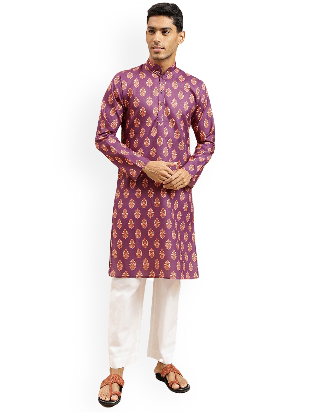 

Nimayaa Ethnic Motifs Printed Band Collar Cotton Straight Kurta, Purple