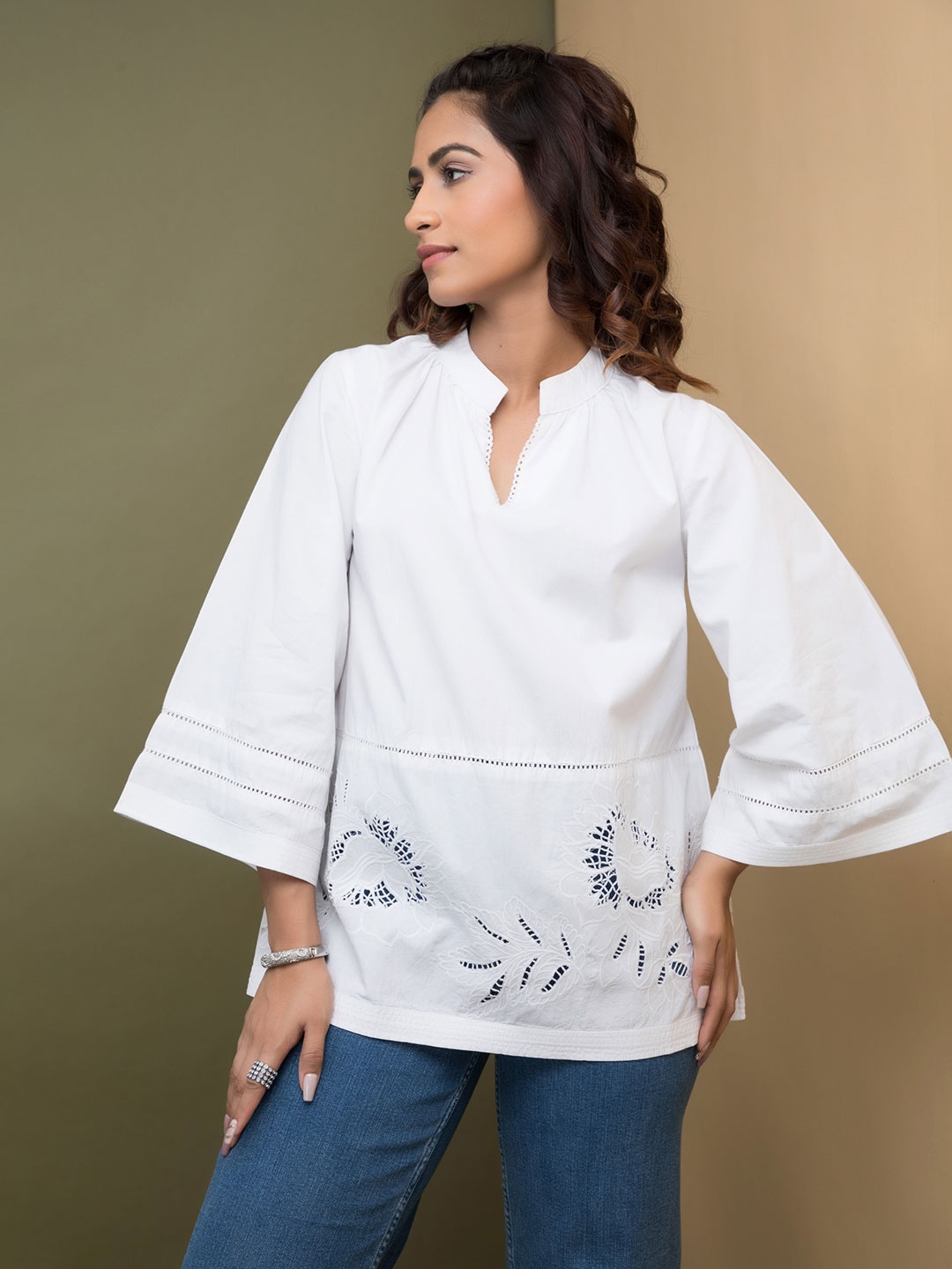 

Rhe-Ana Floral Self Design Mandarin Collar Bell Sleeves Cotton Regular Top, White