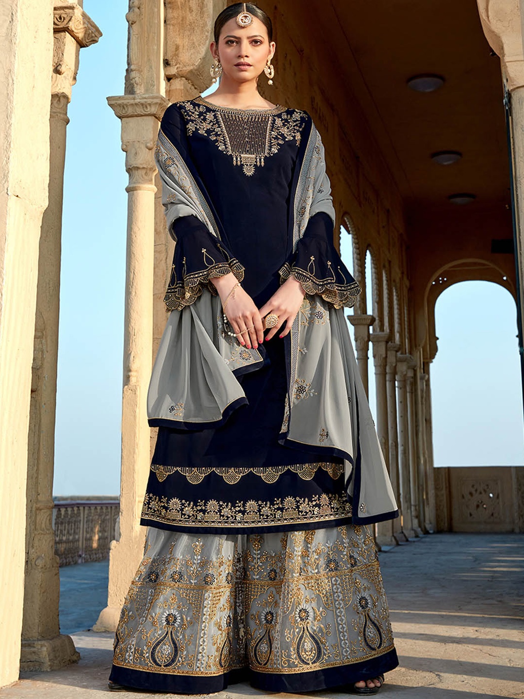 

KALINI Round Neck Thread Work Bell Sleeve Kurta with Sharara & With Dupatta, Navy blue