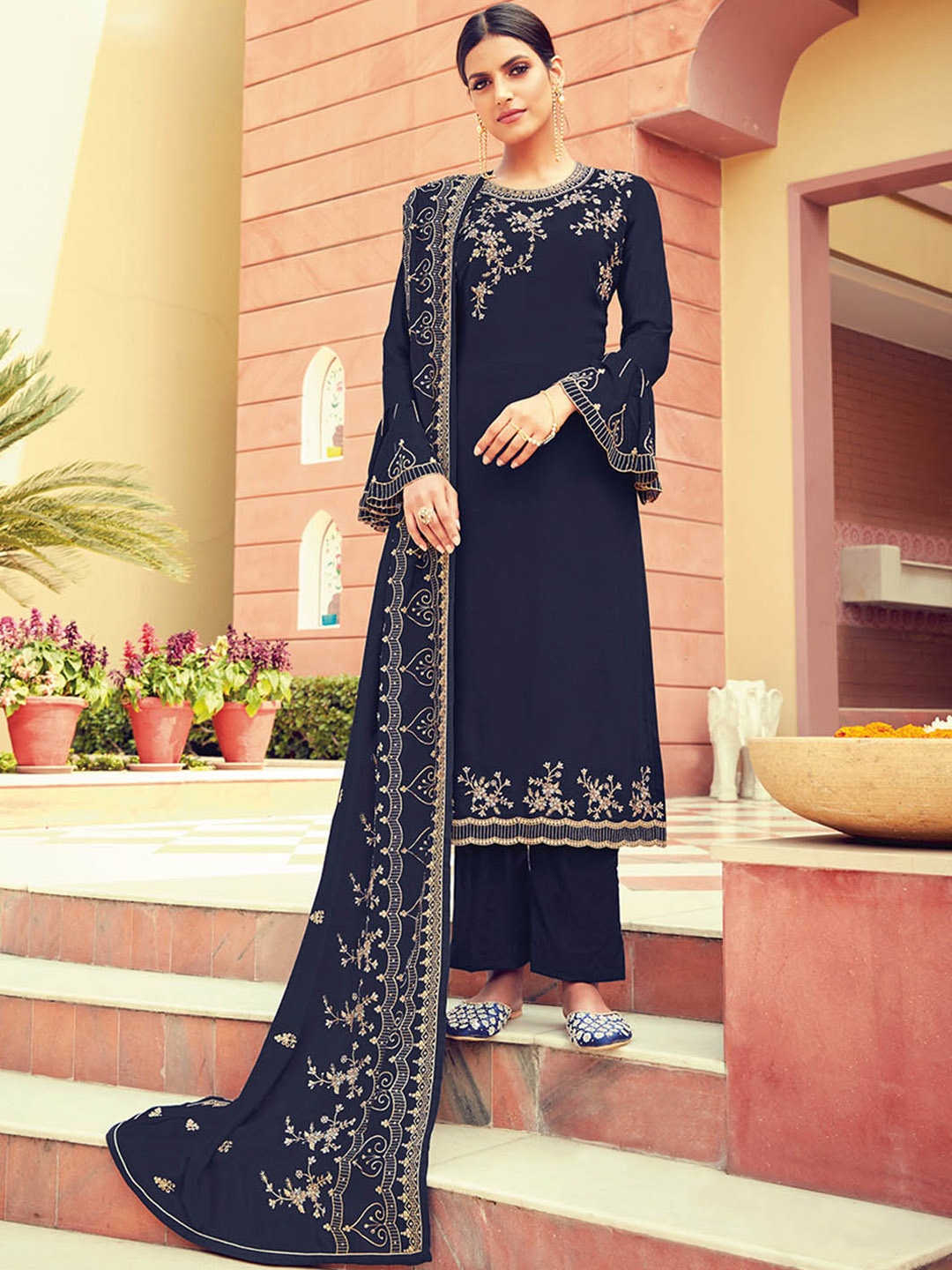 

KALINI Floral Yoke Design Thread Work Detailed Straight Kurta & Trousers WIth Dupatta, Navy blue