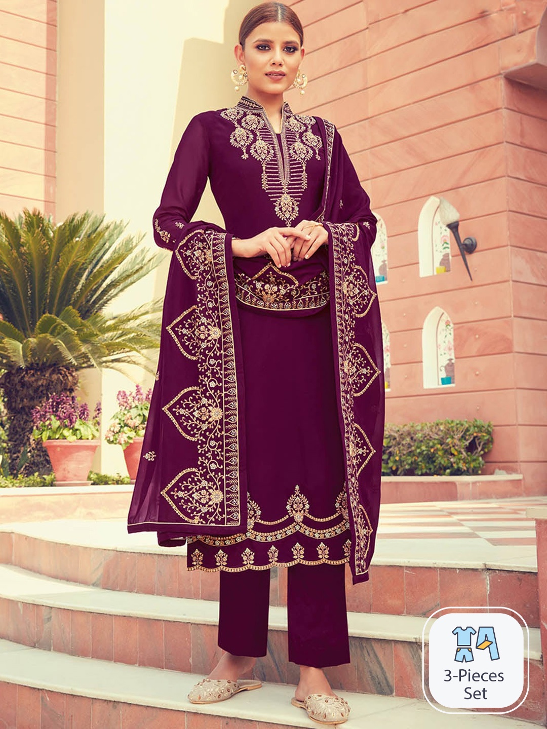 

KALINI Ethnic Motifs Yoke Design Thread Work Silk Georgette Kurta With Sharara & Dupatta, Burgundy