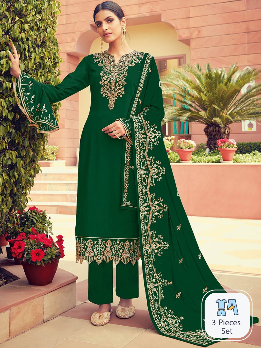

KALINI Round Neck Thread Work Bell Sleeve Kurta with Sharara & With Dupatta, Green