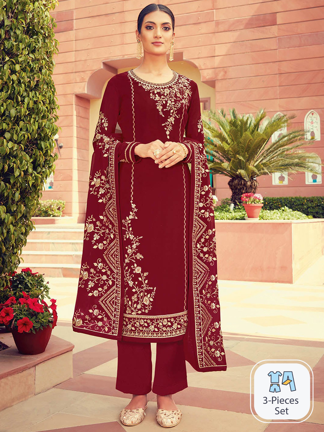 

KALINI Ethnic Motifs Yoke Design Thread Work Silk Georgette Kurta with Palazzos & Dupatta, Maroon