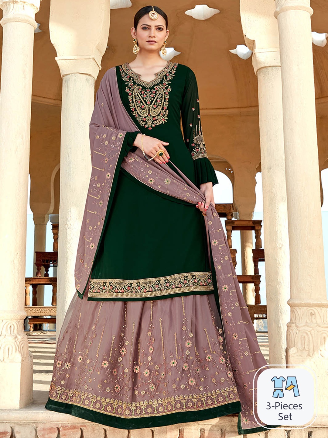

KALINI Ethnic Motifs Yoke Design Thread Work Kurta With Skirt & Dupatta, Green