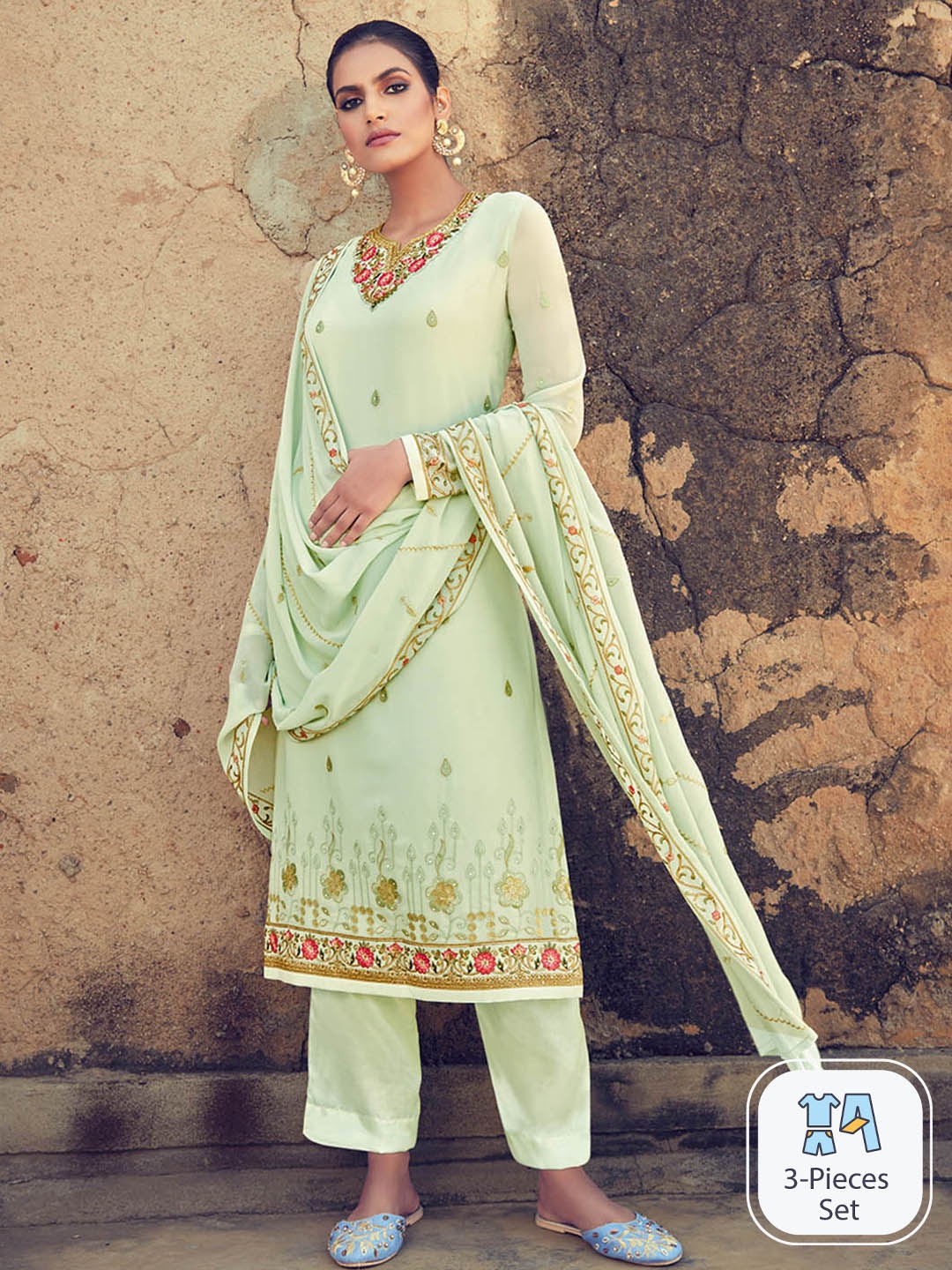 

KALINI Floral Embroidered Thread Work Silk Georgette Kurta with Trousers & With Dupatta, Green