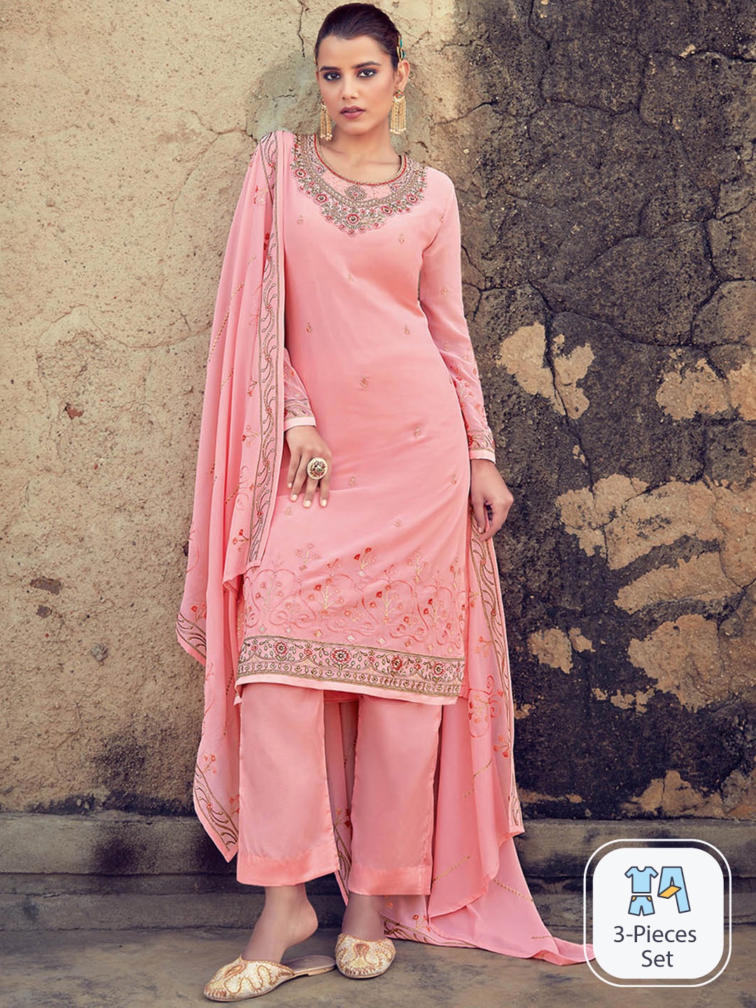 

KALINI Floral Embroidered Regular Silk Georgette Kurta with Trousers & With Dupatta, Pink