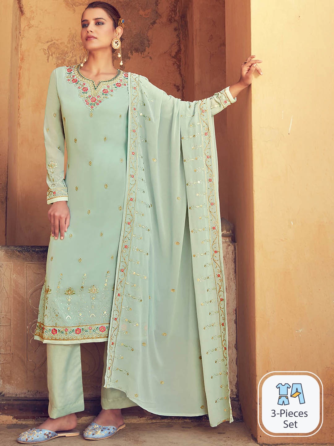 

KALINI Floral Embroidered Regular Kurta & Trousers With Dupatta, Green