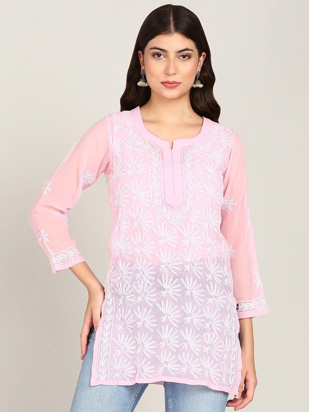 

VAHSON Floral Embroidered Chikankari Kurti, Pink