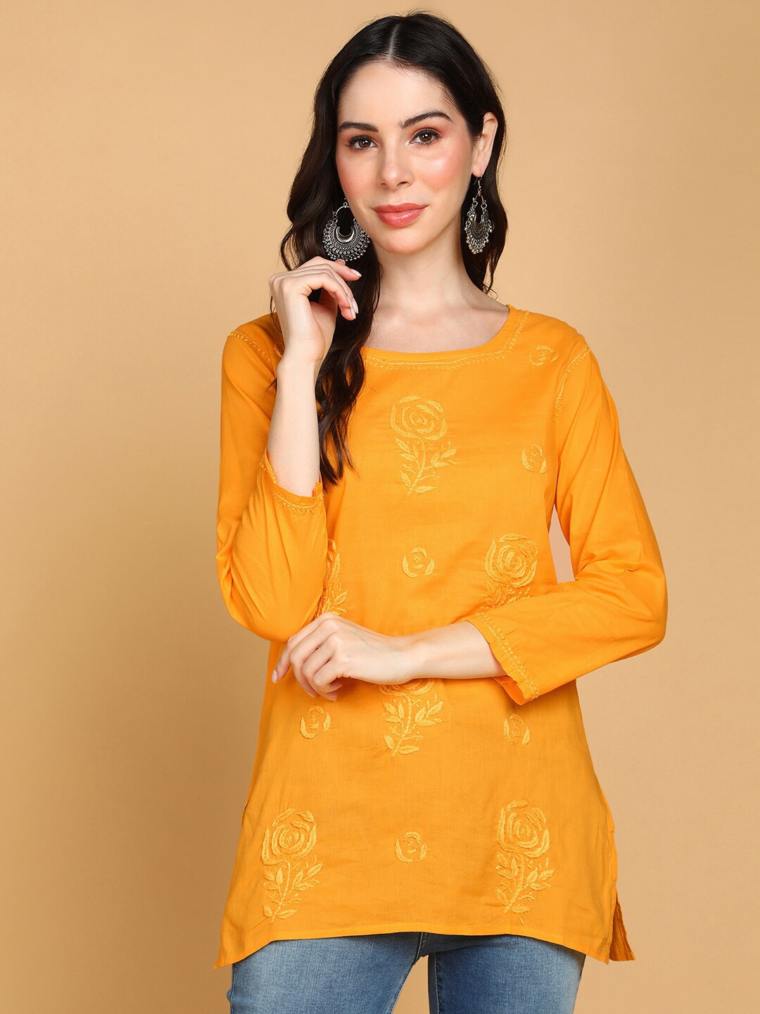 

VAHSON Floral Embroidered Chikankari Kurti, Mustard