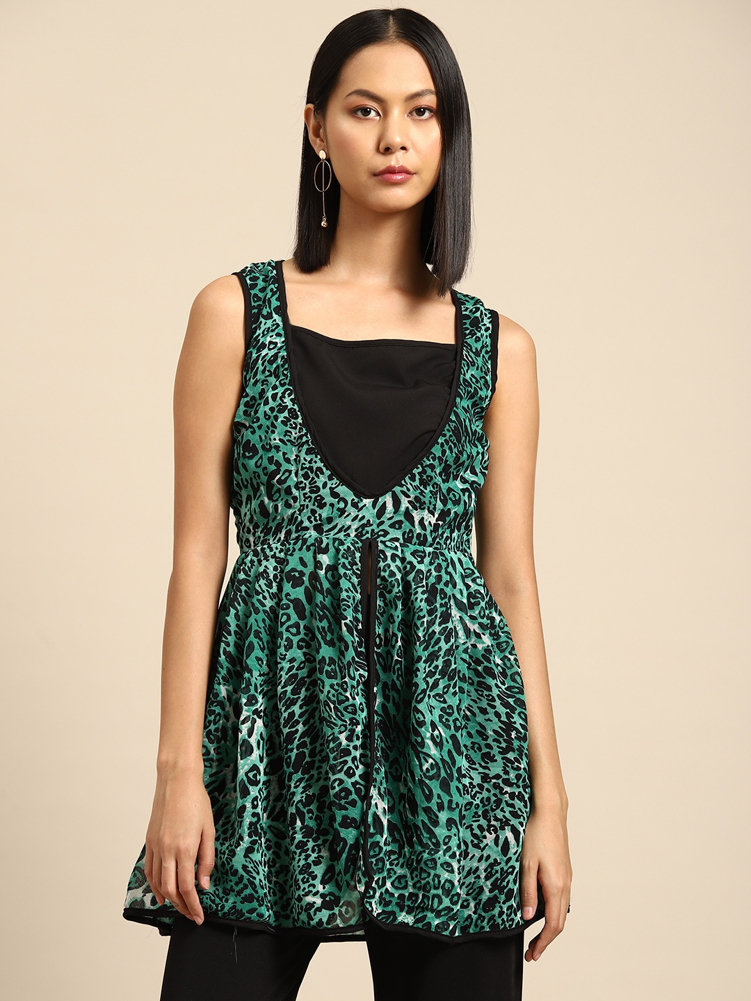 

DODO & MOA Animal Print Crepe Peplum Longline Top, Green