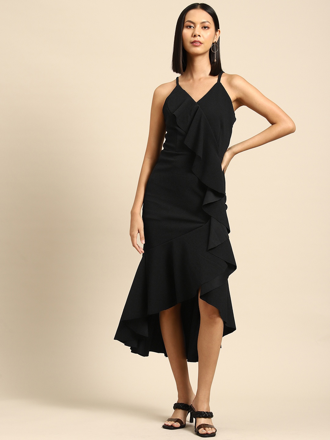 

DODO & MOA Ruffled A-Line Midi Dress, Black