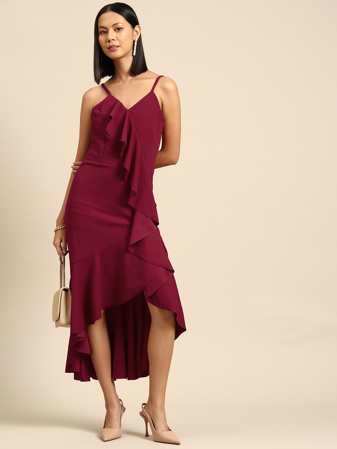 

DODO & MOA Ruffled A-Line Midi Dress, Maroon