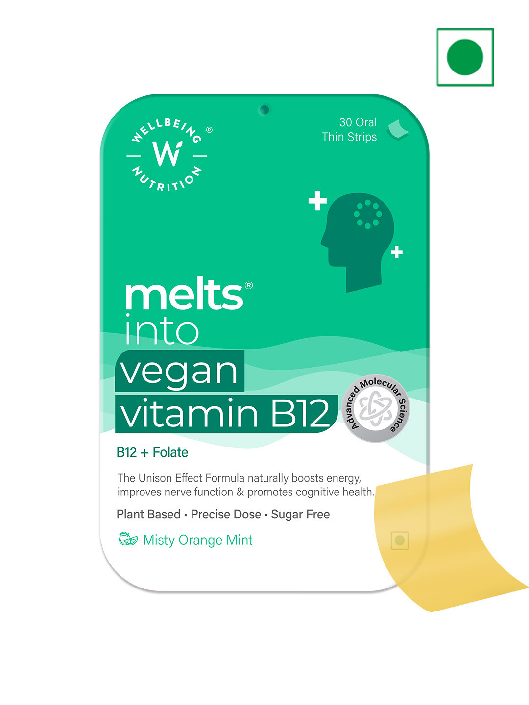 

Wellbeing Nutrition Melts Into Vegan Vitamin B12 Oral Strips To Boost Metabolism-30 Strips, Green