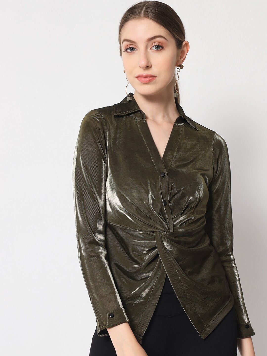 

Chemistry Embellished Shirt Collar Twisted Top, Gold