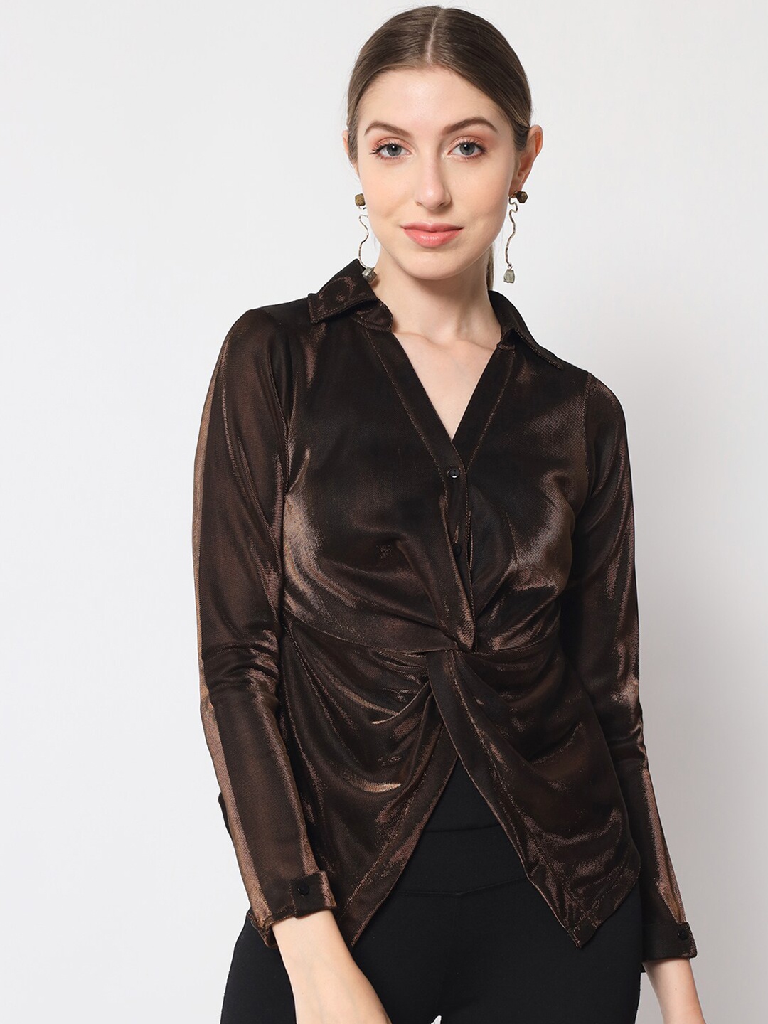 

Chemistry Shimmer Twisted Shirt Style Top, Copper