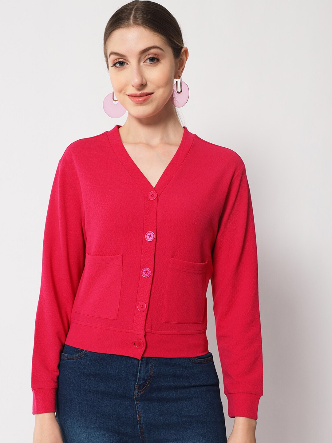 

Chemistry Fuchsia V-Neck Cuffed Sleeves Shirt Style Top
