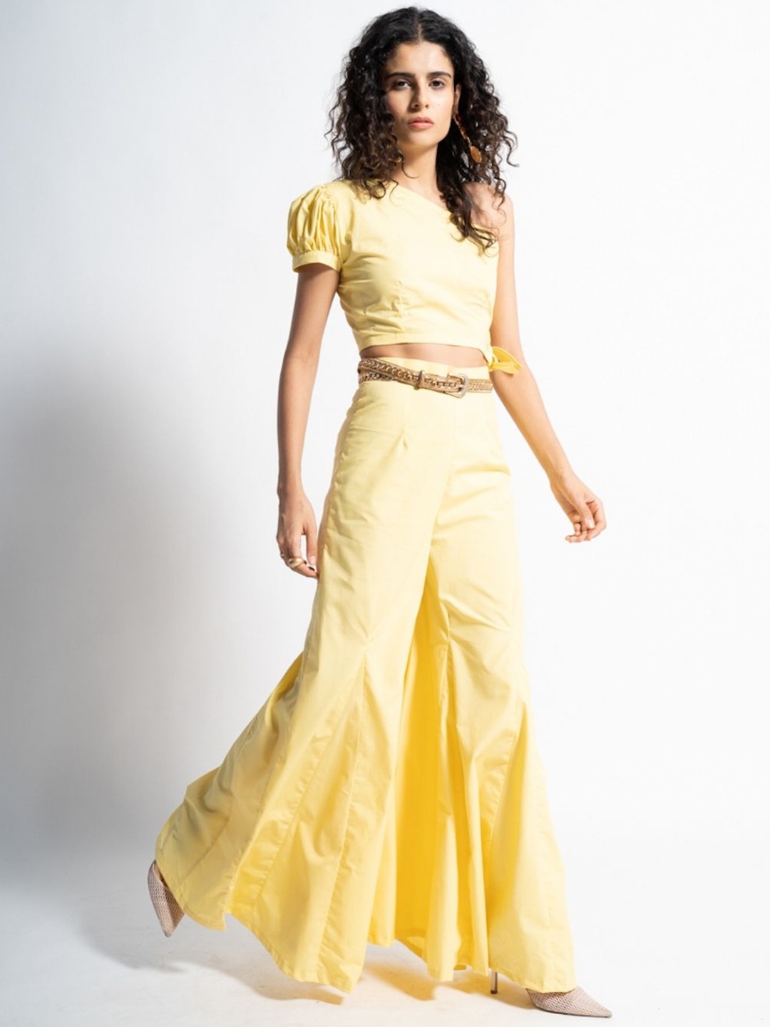 

HEY MISSY Pure Cotton Crop Top & Flared Leg Trouser Co-Ords With Belt, Yellow