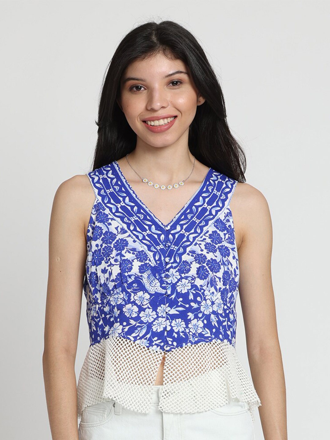 

SHAYE V-Neck Floral Print Indigo Top, Blue