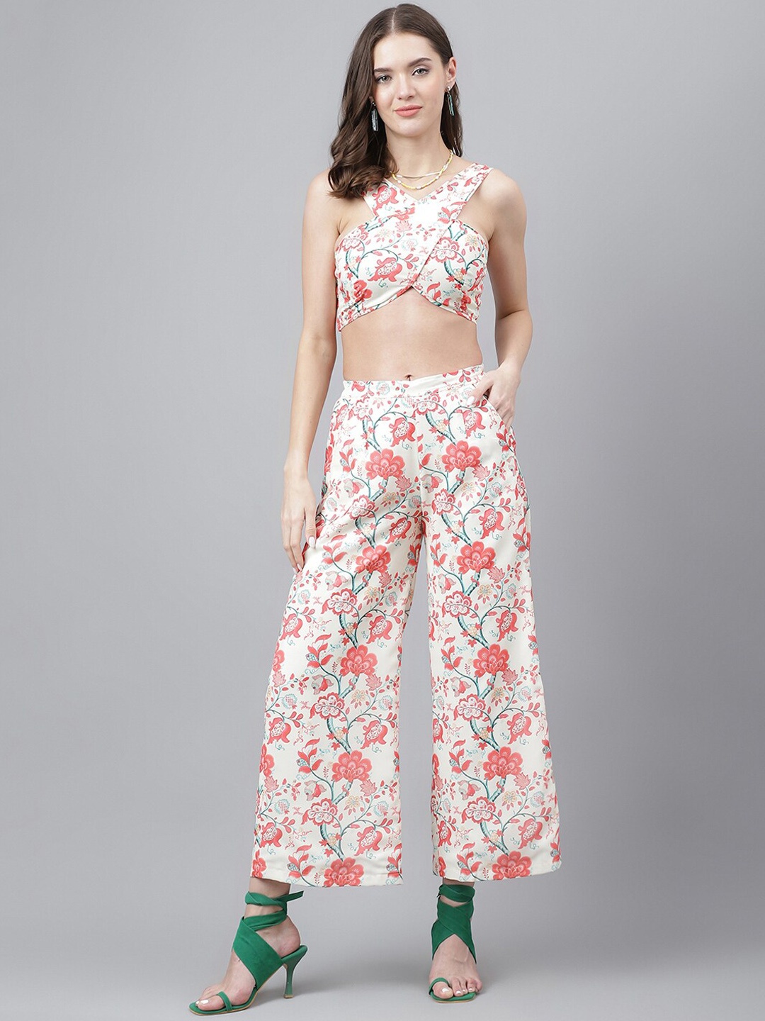 

TRYMISFIT Floral Printed Halter Neck Top & Palazzo Co-Ord Set, White