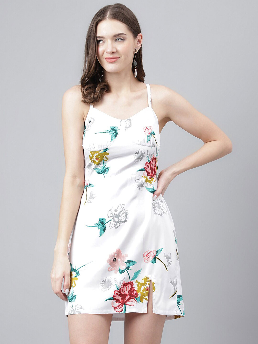 

TRYMISFIT Floral Printed Sheath Cotton Mini Dress, White