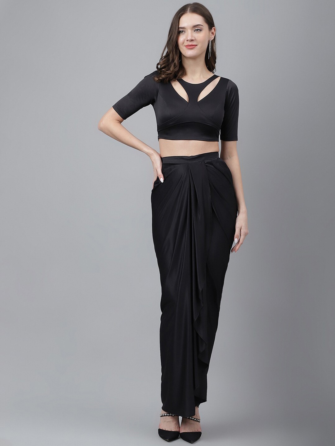 

TRYMISFIT Round Cut Out Top & Dhoti Drape Co-Ord Set, Black