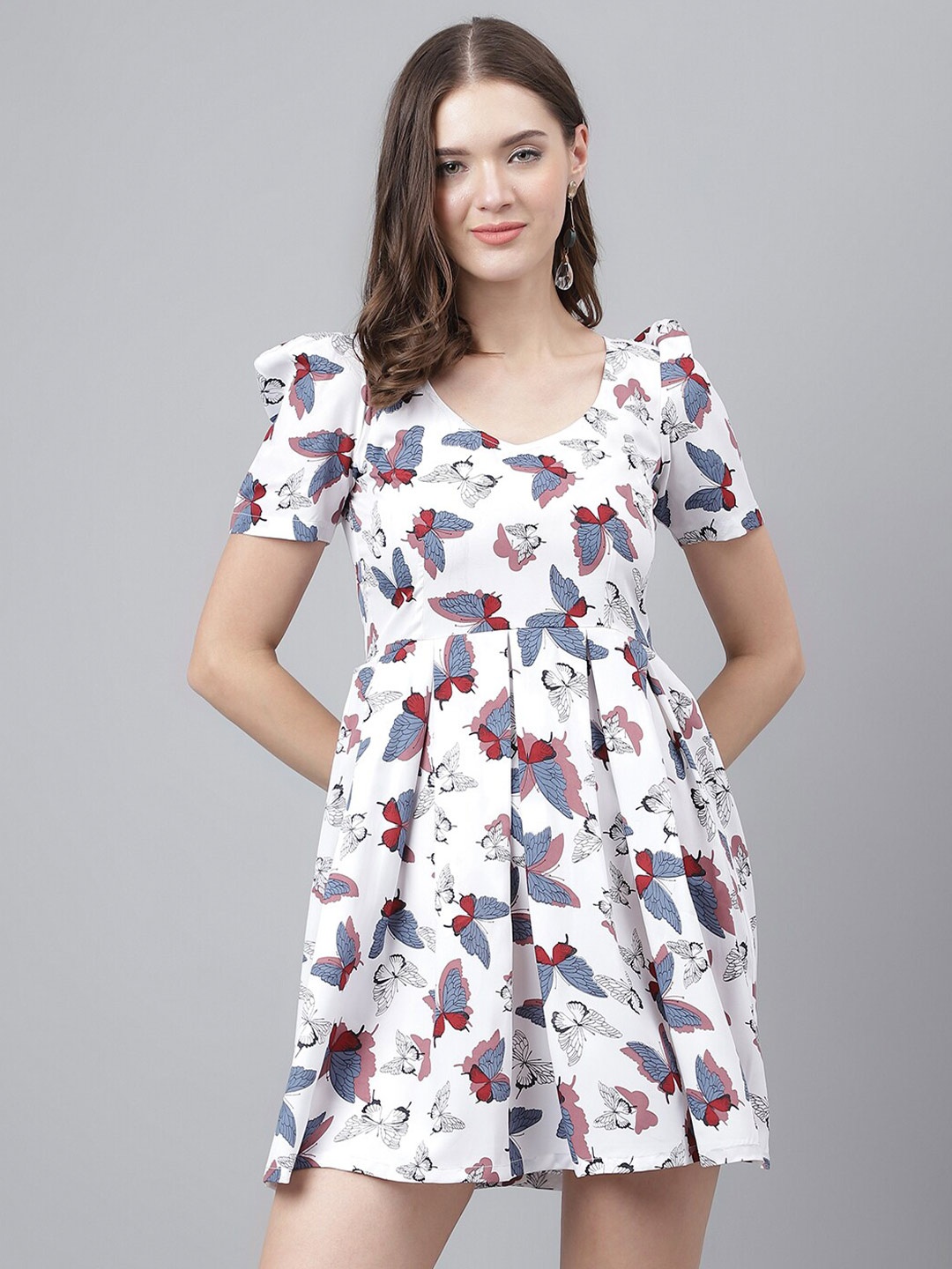 

TRYMISFIT Printed Puff Sleeves Fit & Flare Cotton Mini Dress, White