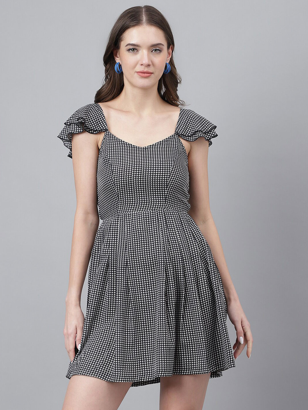 

TRYMISFIT Geometric Printed Cotton Fit & Flare Dress, Black