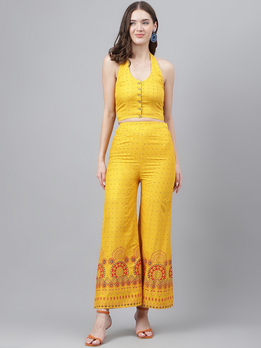 

TRYMISFIT Printed Crop Top & Palazzo Co-Ord Set, Yellow