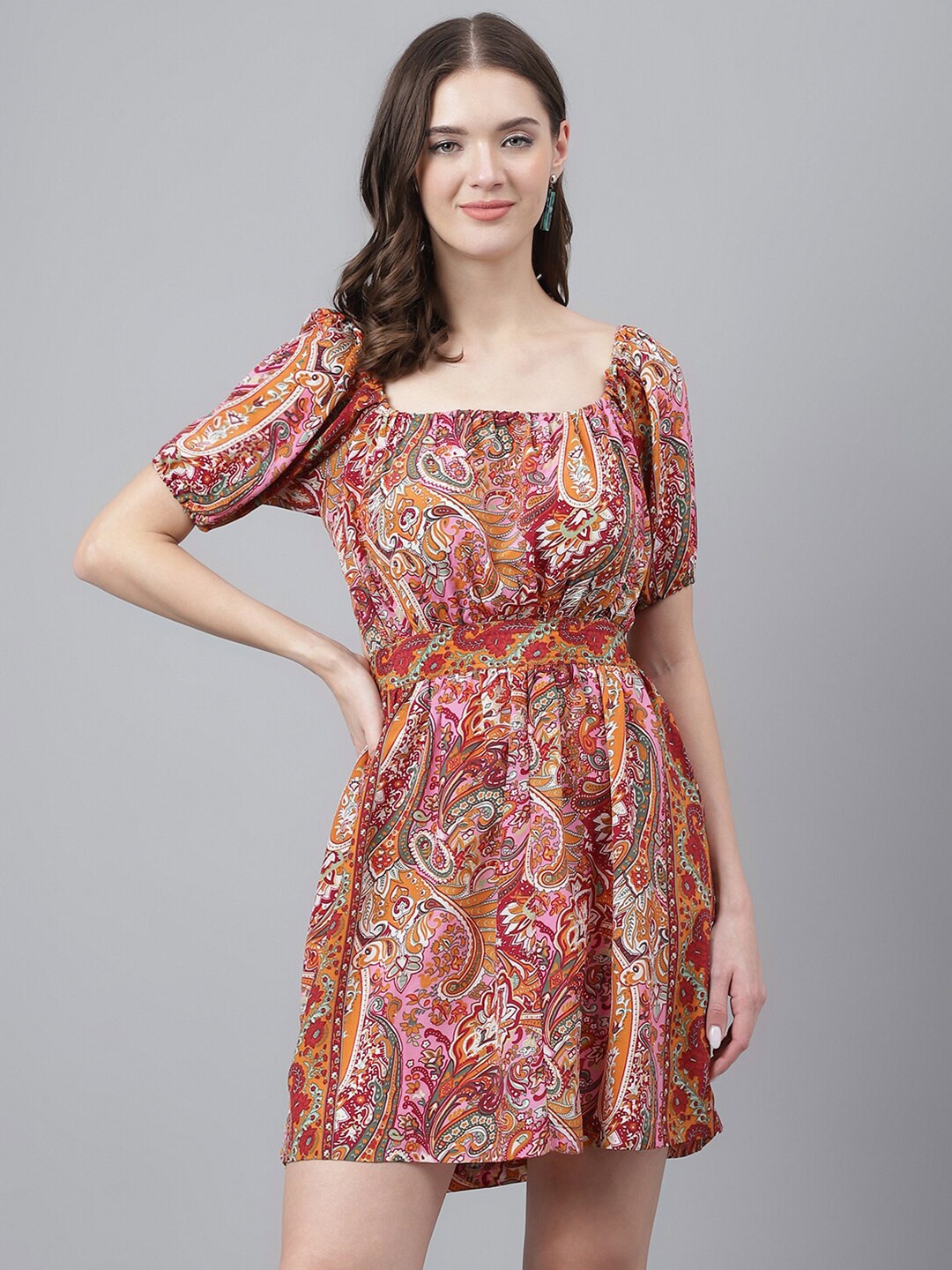

TRYMISFIT Ethnic Motifs Printed Puff Sleeve Fit & Flare Dress, Red