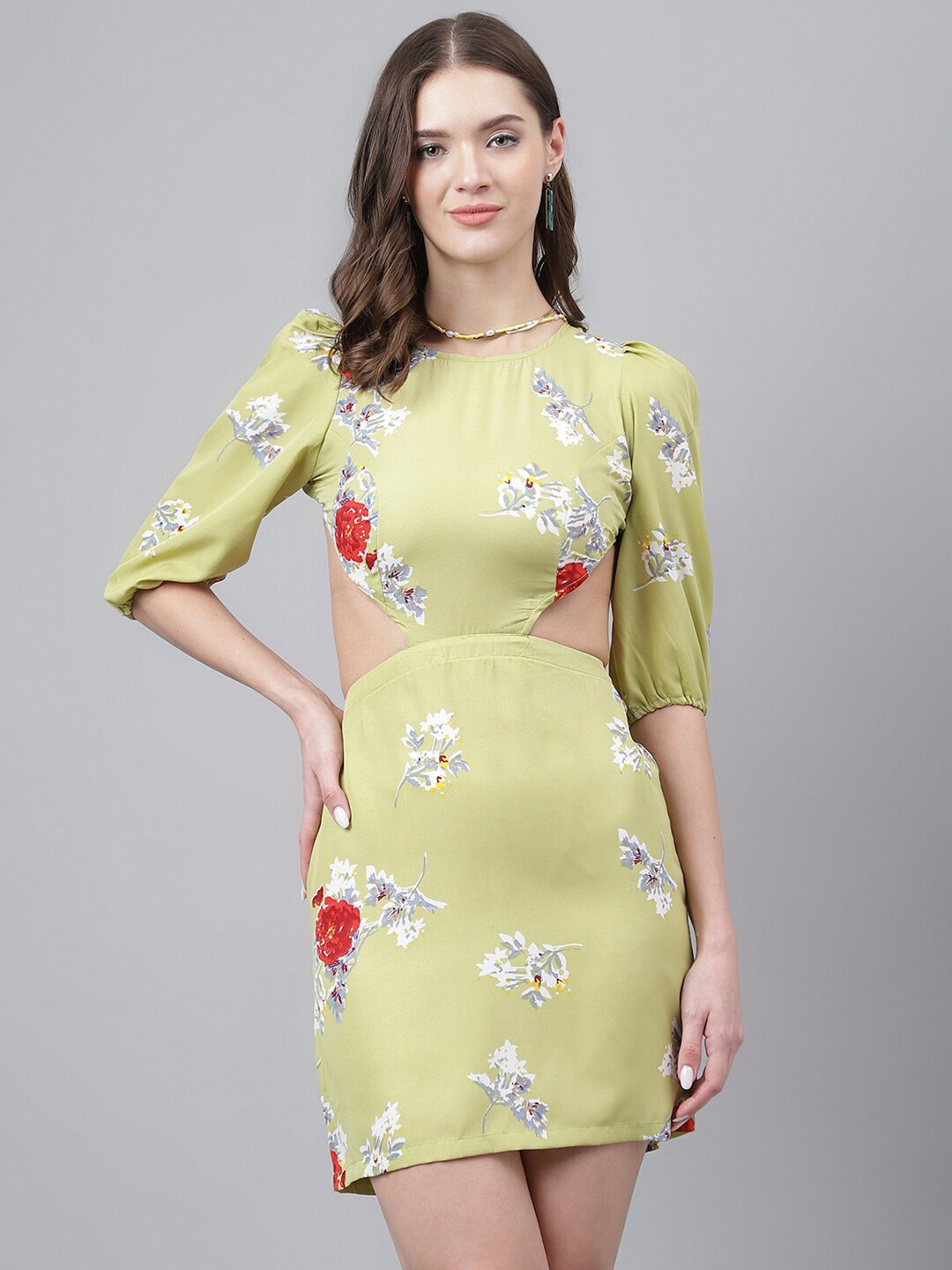 

TRYMISFIT Floral Print Cut Out Detail Sheath Dress, Lime green