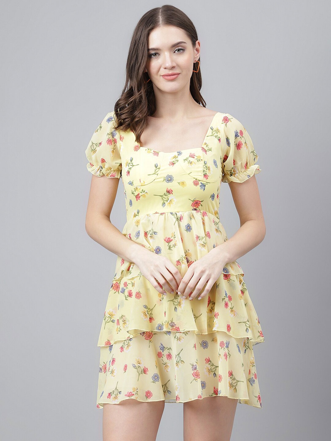 

TRYMISFIT Floral Printed Puff Sleeve Georgette Fit & Flare Mini Dress, Yellow