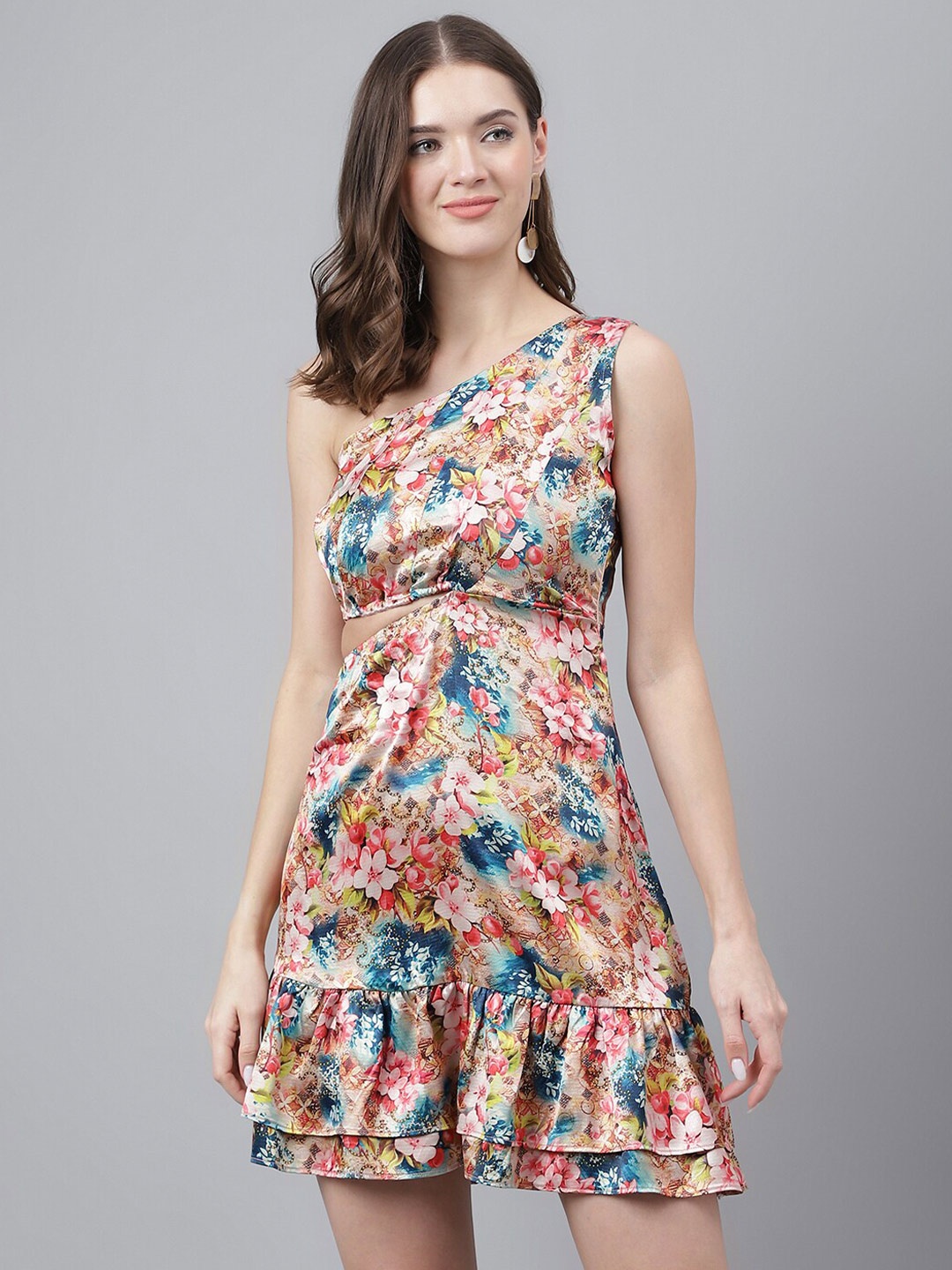 

TRYMISFIT Floral Printed One Shoulder Cut-Out Cotton A-line Dress, Pink
