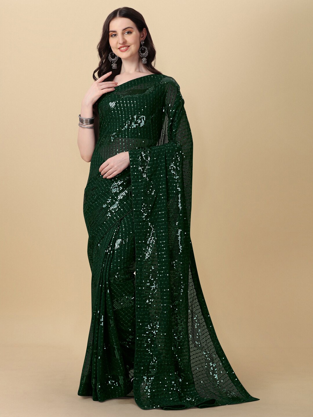 

Amrutam Fab Embellished Sequinned Pure Georgette Saree, Green