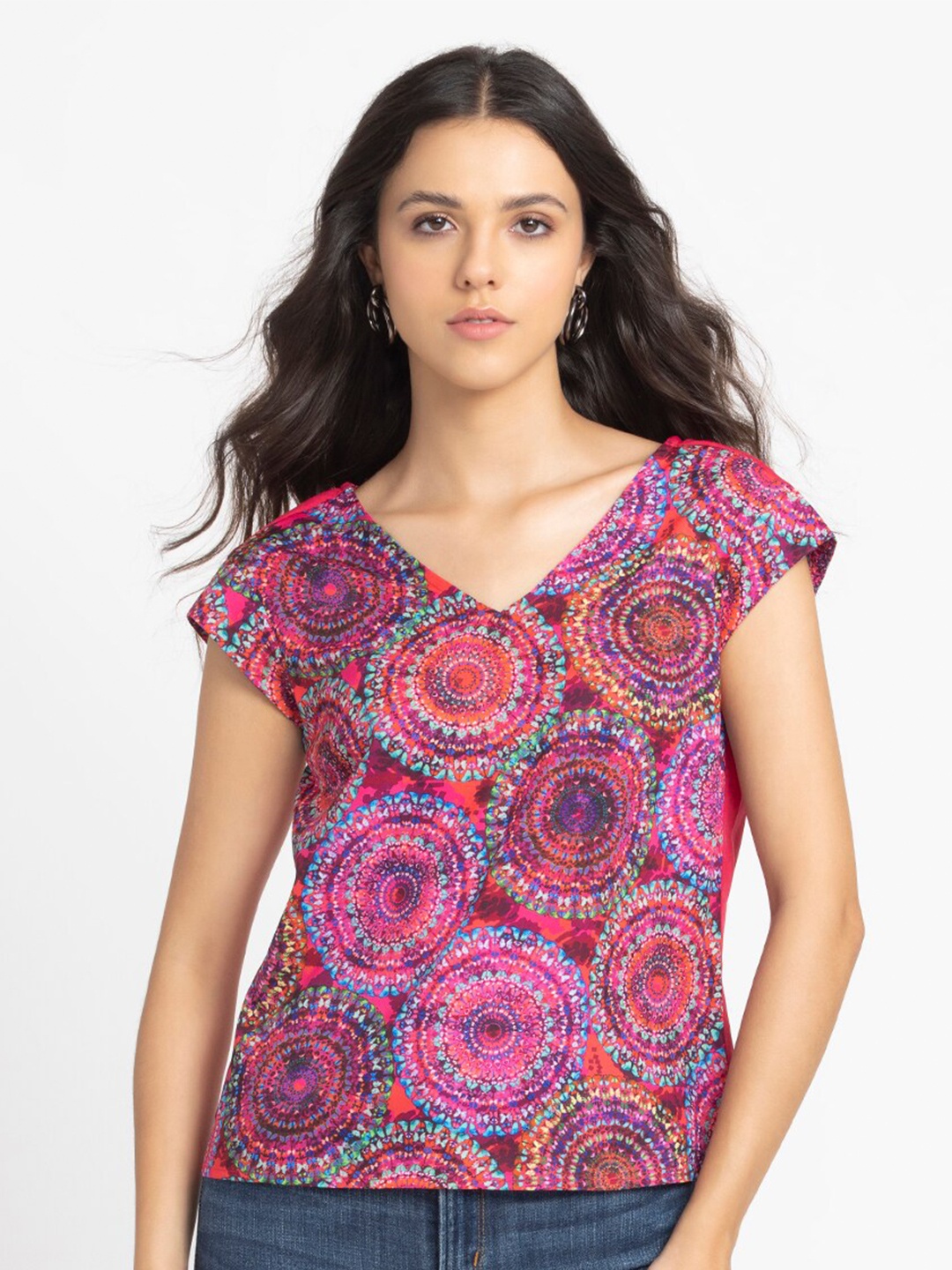 

SHAYE Ethnic Motifs Printed Cap Sleeveless Top, Pink