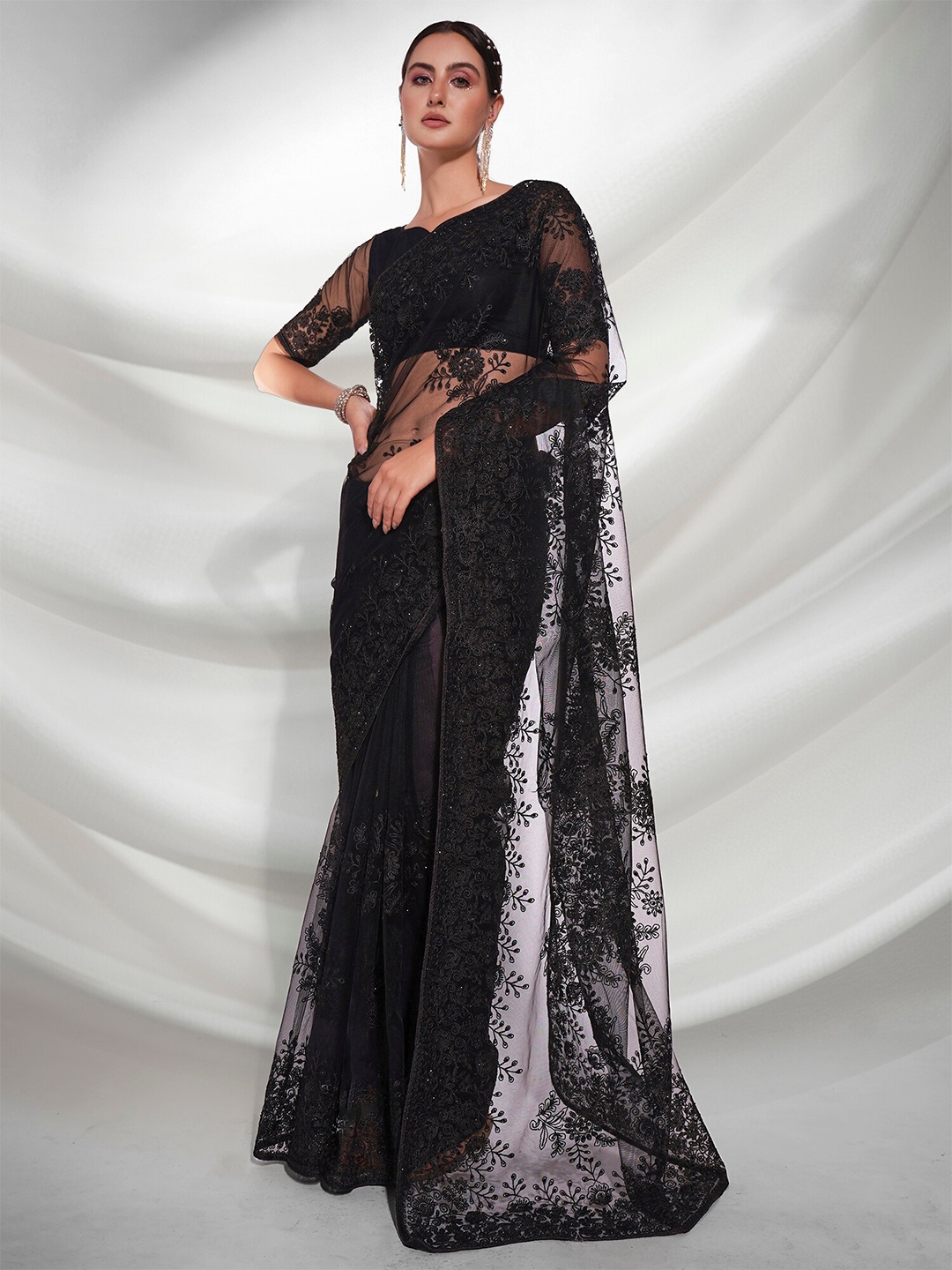 

Mitera Floral Embroidered Net Saree, Black