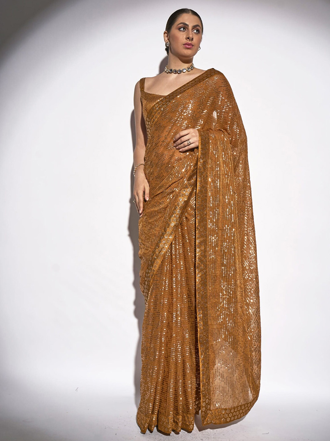 

Mitera Gold-Toned Embellished Sequinned Pure Georgette Saree