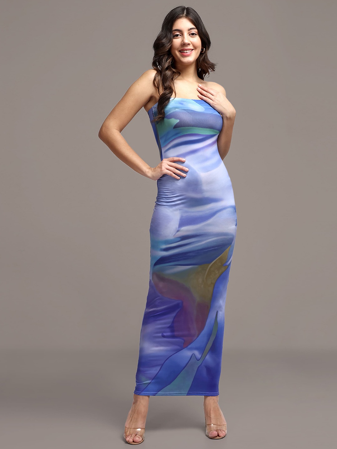 

iki chic Floral Printed Scuba Maxi Dress, Blue