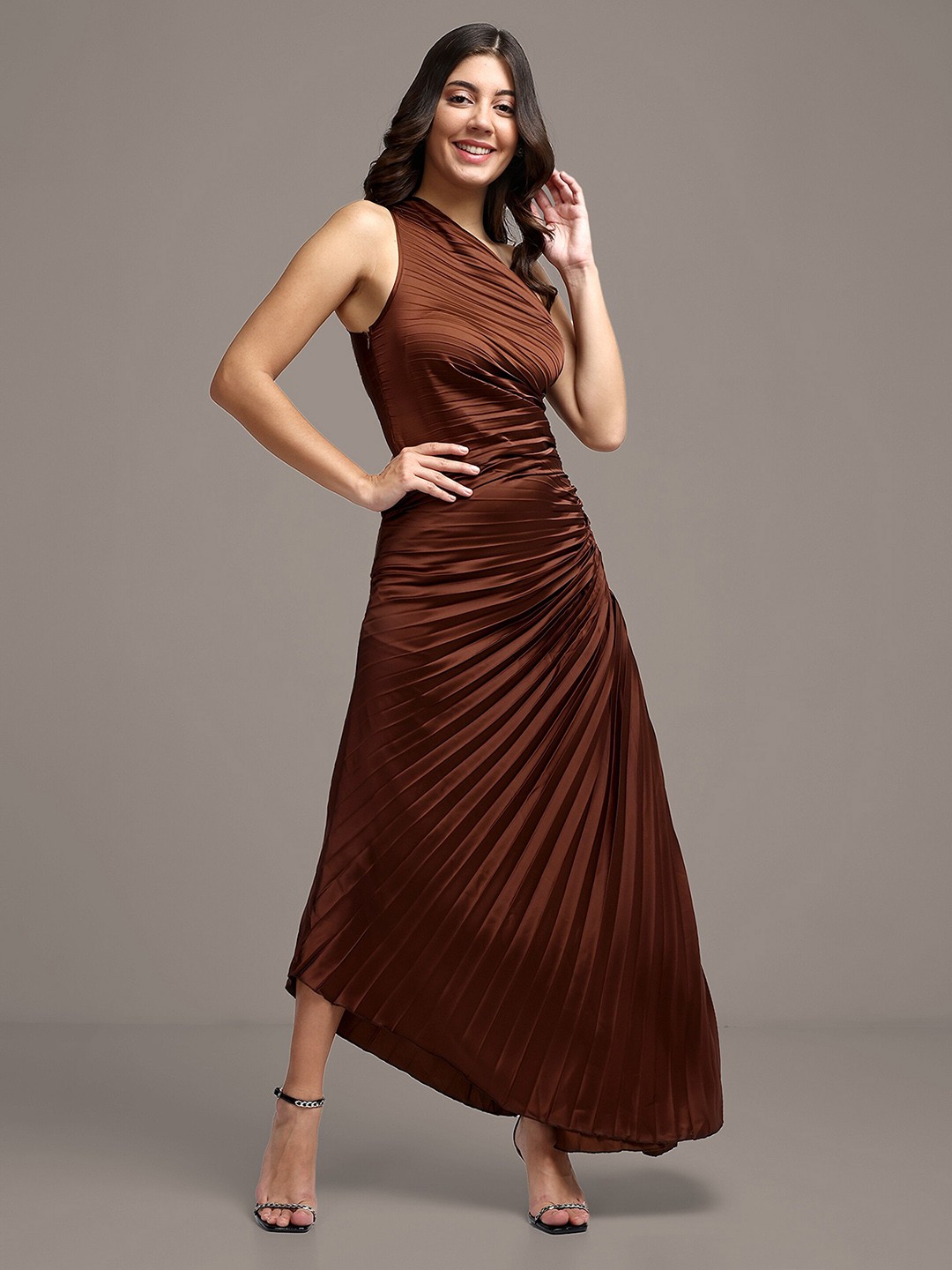 

iki chic Accordion Pleats One-Shoulder Ruched Satin Maxi Dress, Brown