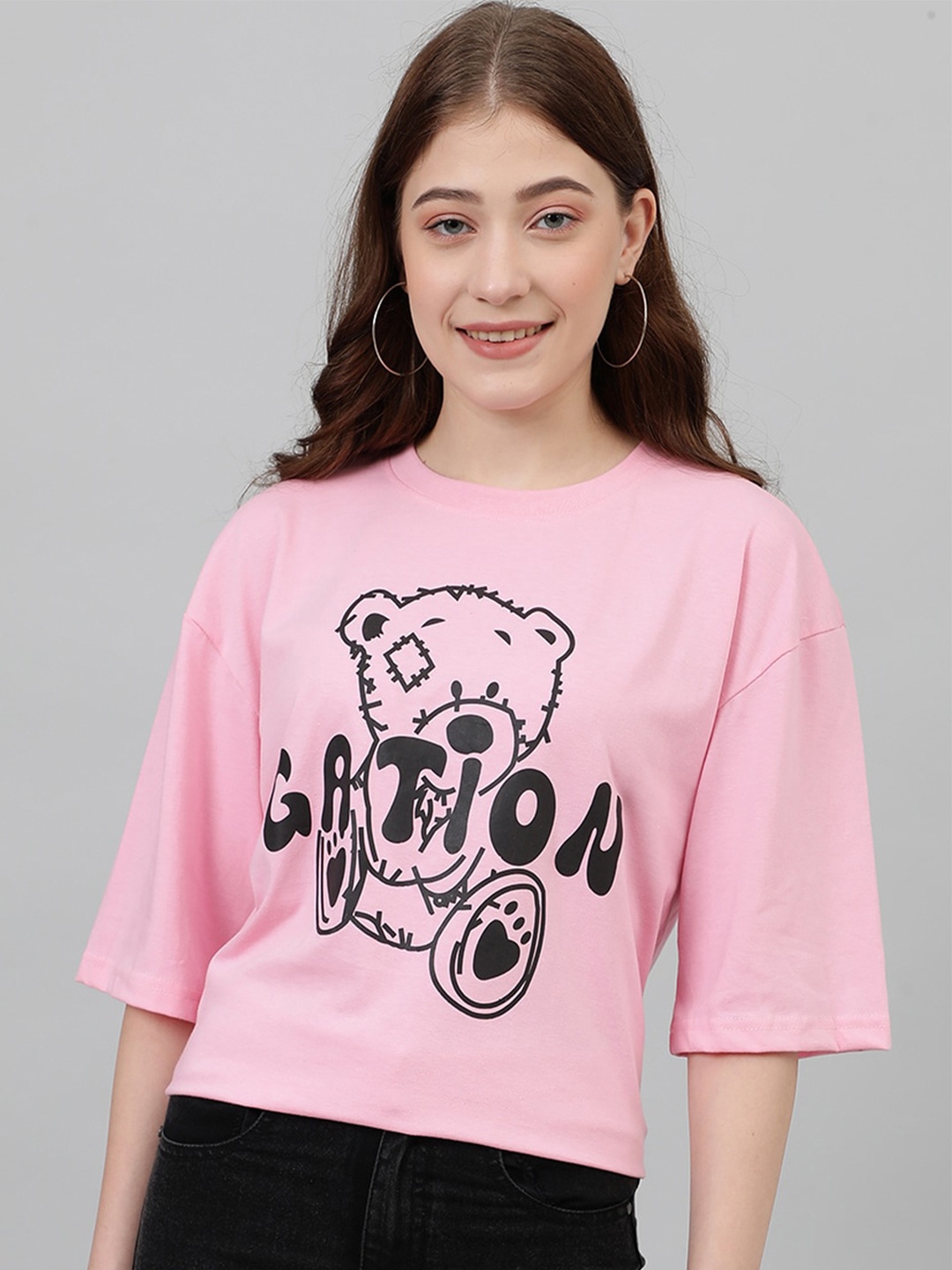 

Kotty Graphic Printed Drop-Shoulder Sleeves Oversized Casual T-shirt, Pink