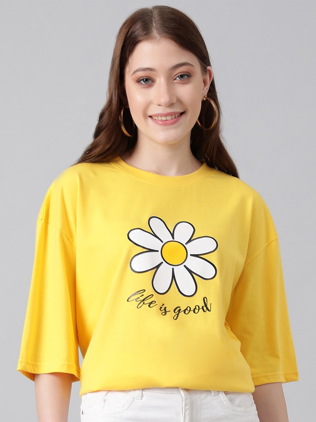 

Kotty Floral Printed Drop-Shoulder Sleeves Cotton Oversized T-shirt, Yellow