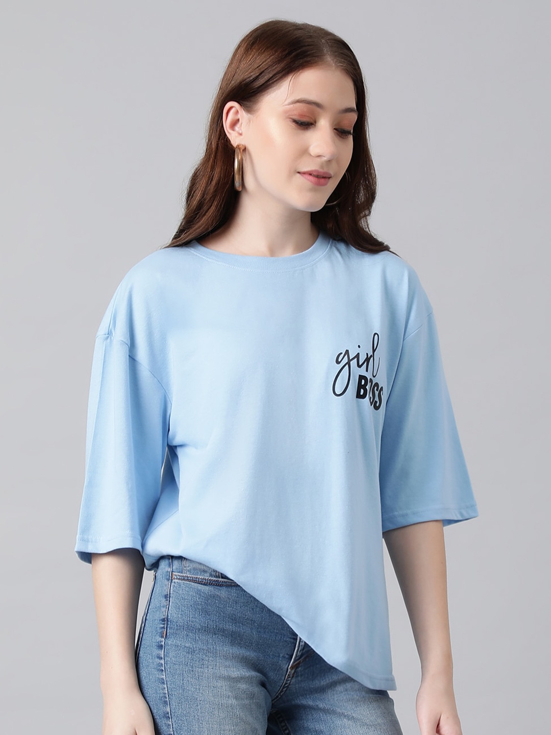

Kotty Typography Printed Drop-Shoulder Sleeves Oversized T-shirt, Blue