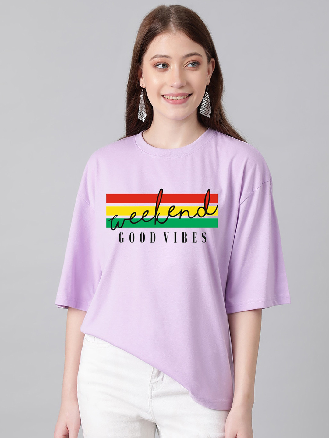 

Kotty Typography Printed Drop-Shoulder Sleeves Oversized T-shirt, Purple