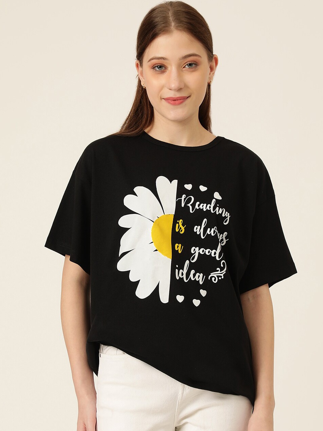 

Kotty Typography Printed Casual Oversized T-shirt, Black
