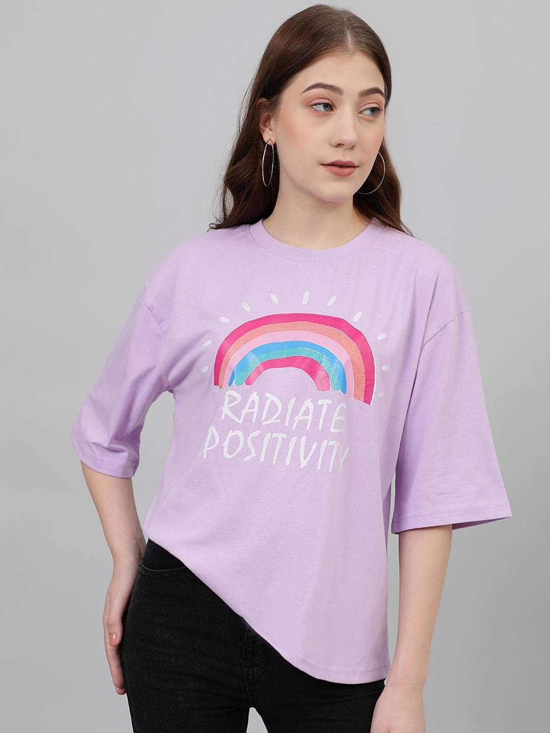 

Kotty Oversized Typography Printed Drop-Shoulder Sleeves Casual T-shirt, Purple