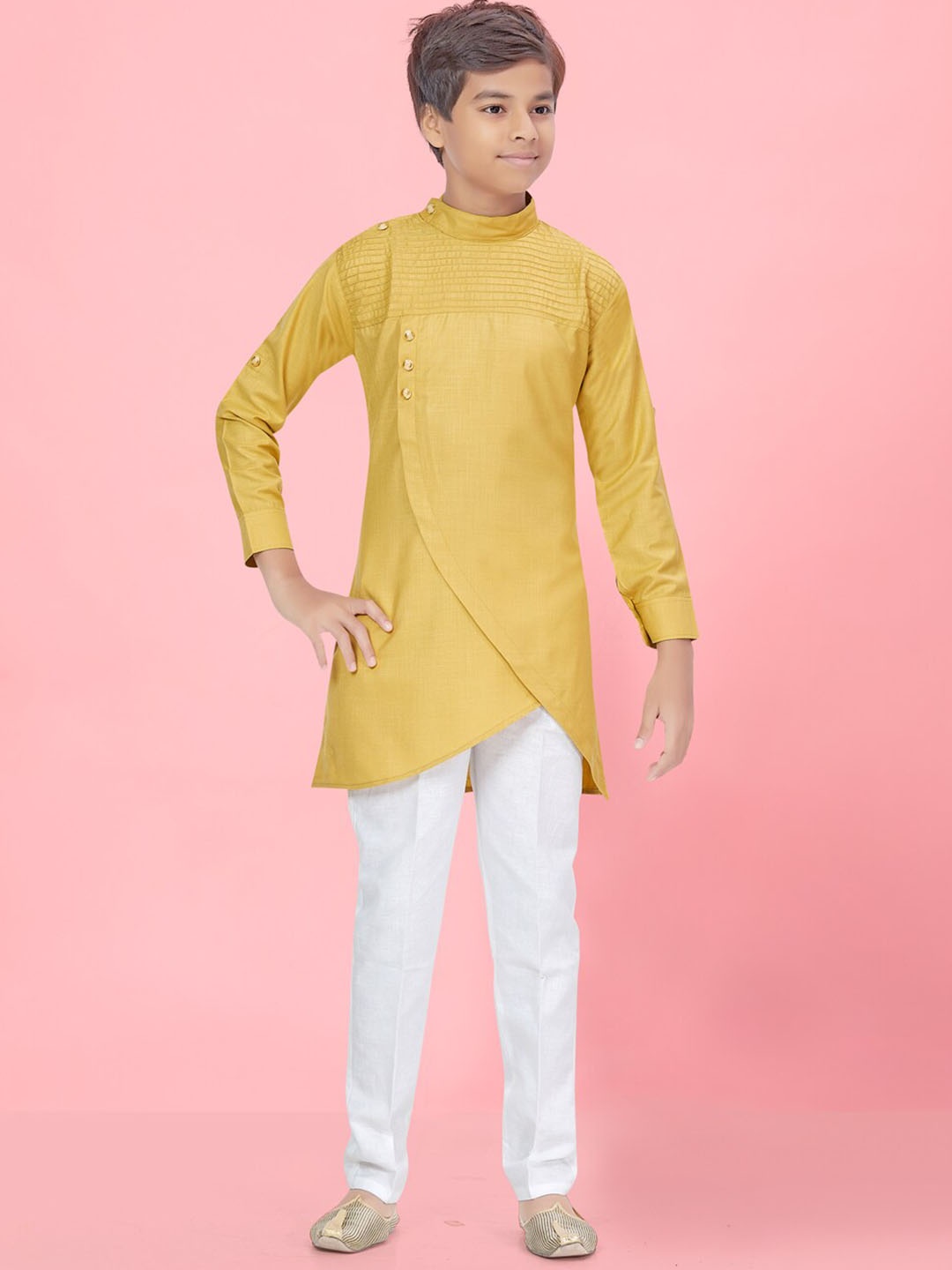 

Aarika Boys Mandarin Collar Regular Pure Cotton Kurta with Trousers, Mustard