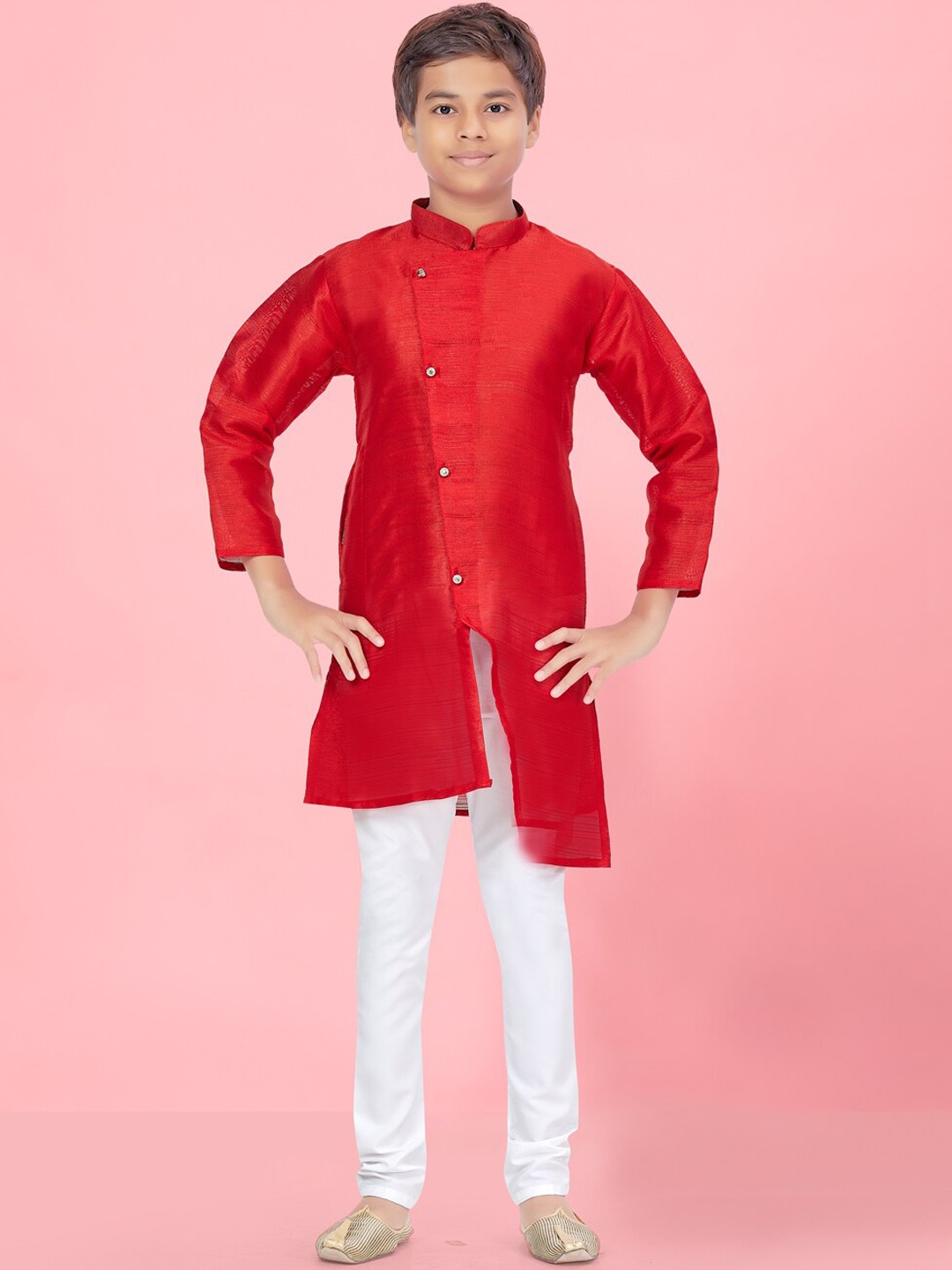 

Aarika Boys Pure Silk Staright Kurta With Churidar, Red