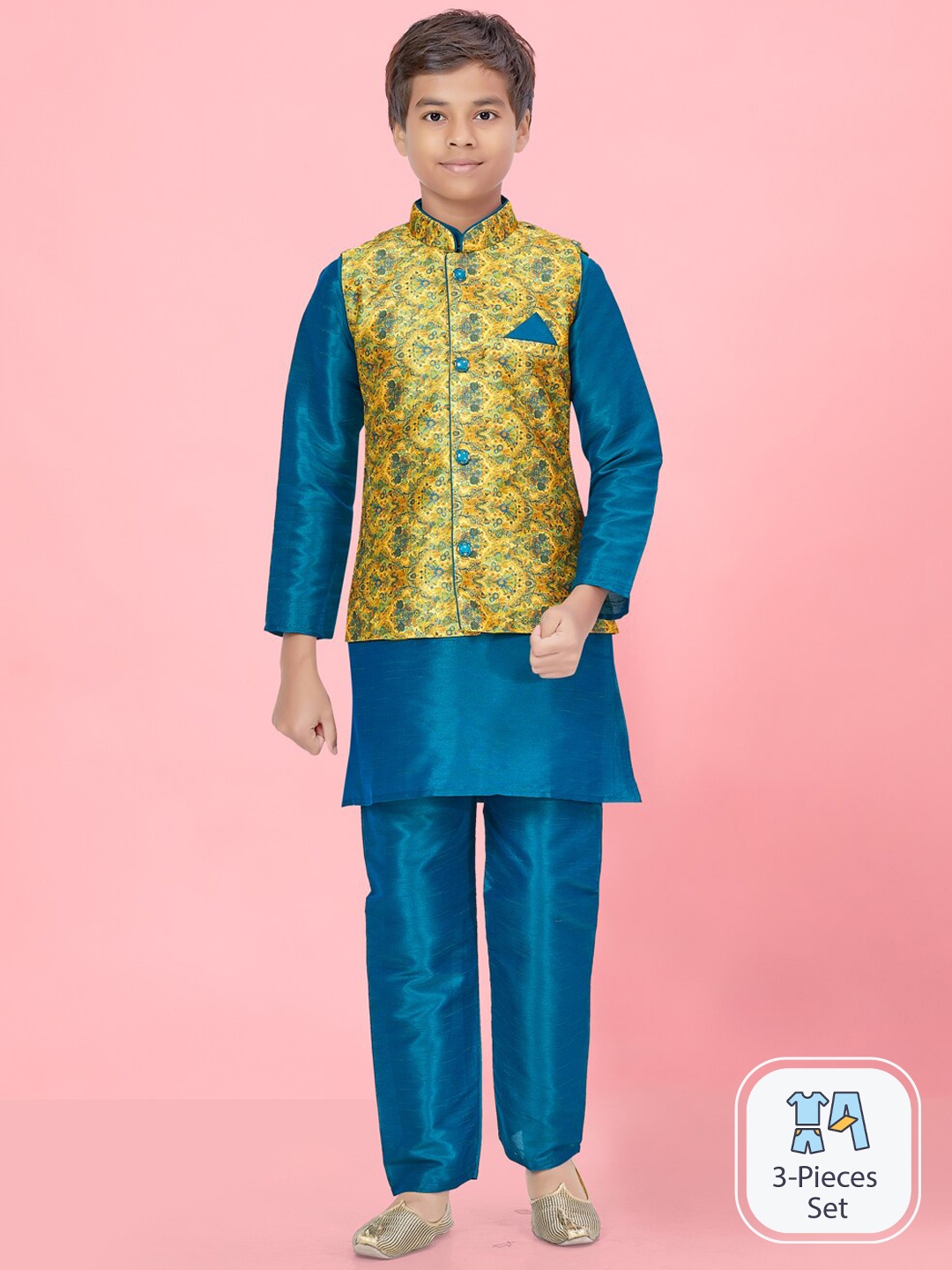 

Aarika Boys Pure Silk Straight Kurta With Trousers, Blue