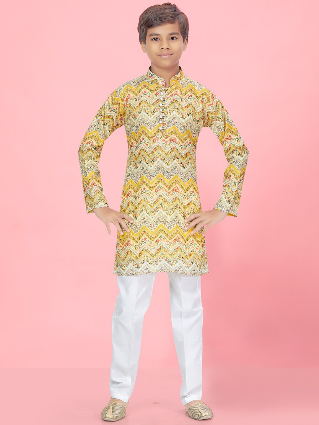 

Aarika Boys Chevron Printed Pure Silk Kurta With Churidar, Yellow