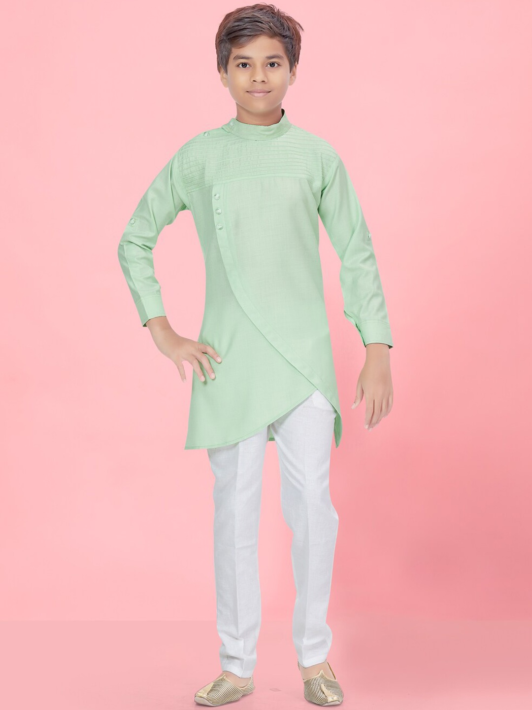 

Aarika Boys Pure Cotton Straight Asymmetric Hemline Kurta With Pyjamas, Green